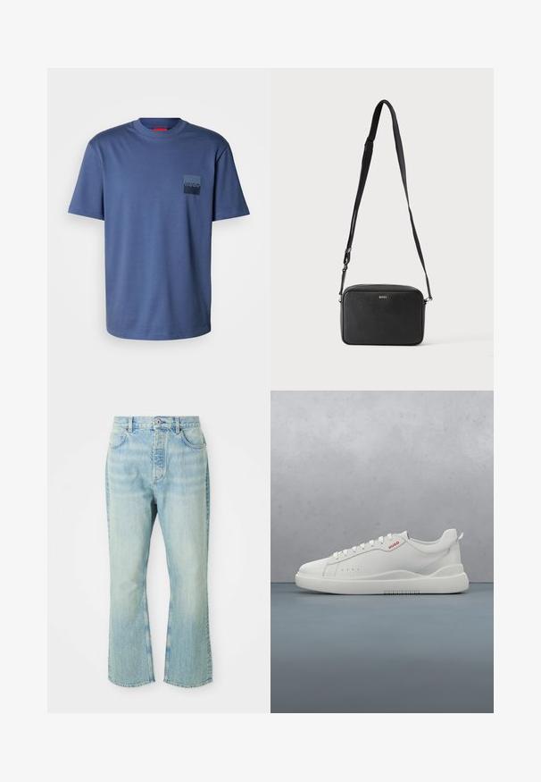 T-shirt bleu à manches courtes fabriqué en coton doux, avec une poche carrée ornée d'un logo bleu marine. Design classique à col rond.; Jeans évasés en denim bleu clair avec une taille haute, dotés de cinq poches, de passants de ceinture et d'une texture délavée.; Sneaker blanche avec une finition en cuir lisse, bout rond, quatre œillets, perforations subtiles et un détail de logo rouge sur le côté.; Sac bandoulière rectangulaire noir avec sangle réglable et logo BOSS sur le devant, sur un fond clair uni.
