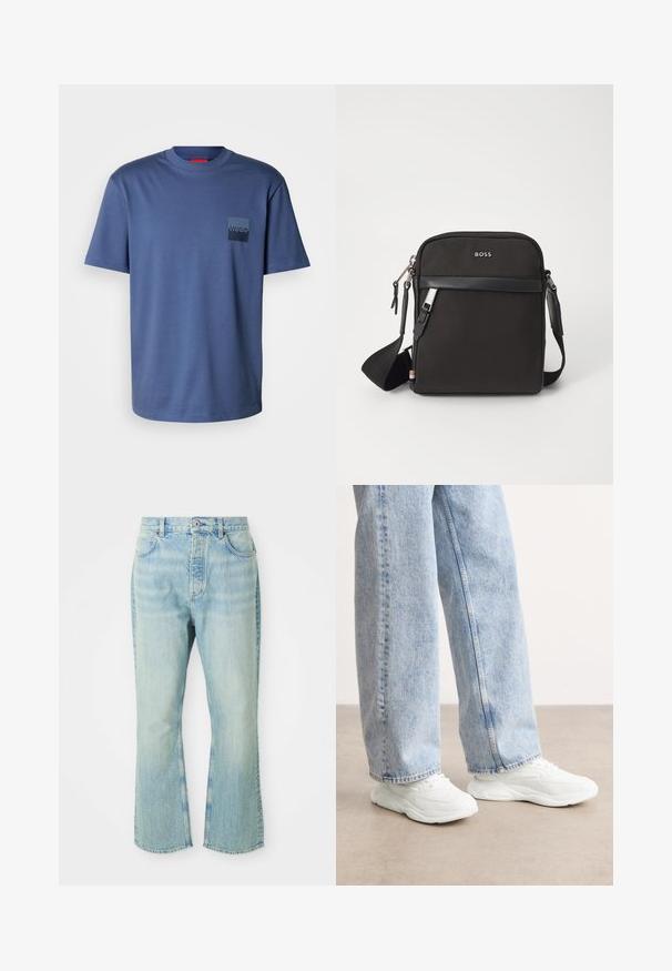 Camiseta de manga corta azul, hecha de suave algodón, con un bolsillo cuadrado que lleva un logo azul oscuro. Diseño clásico de cuello redondo.; Jeans de mezclilla de color azul claro, acampanados y de cintura alta, con cinco bolsillos, trabillas para el cinturón y un acabado desgastado.; Zapatillas deportivas blancas con un diseño liso y moldeado, y suelas texturizadas, combinadas con unos jeans de mezclilla sueltos y de color azul claro.; Bolso bandolero negro con un tejido texturizado, logo en la parte frontal, cierre de cremallera y correa ajustable. Presenta un ribete de cuero suave.