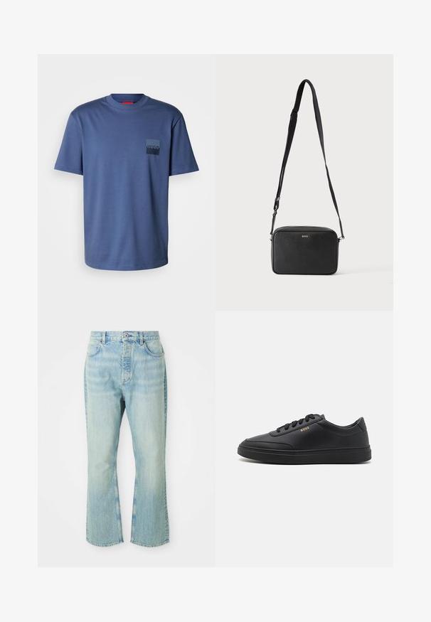 T-shirt bleu à manches courtes fabriqué en coton doux, avec une poche carrée ornée d'un logo bleu marine. Design classique à col rond.; Jeans évasés en denim bleu clair avec une taille haute, dotés de cinq poches, de passants de ceinture et d'une texture délavée.; Baskets en cuir noir avec une texture lisse, bout rond, semelle en caoutchouc plate et lacets ton sur ton. Présente une marque "BOSS" dorée sur le côté.; Sac bandoulière rectangulaire noir avec sangle réglable et logo BOSS sur le devant, sur un fond clair uni.