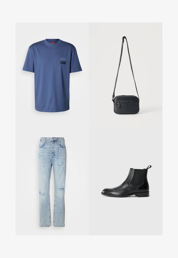 Blauw T-shirt met korte mouwen, gemaakt van zachte katoen, met een vierkante zak en een donkerblauw logo. Klassiek ontwerp met ronde hals.; Licht gewassen denim jeans met een ontspannen pasvorm, voorzien van versleten plekken en rafelige randen. De stof heeft een zachte, gladde textuur.; Zwarte leren enkelboot met elastische zijpanelen, ronde neus en een trekhaak. Gladde textuur, platte zool, minimalistisch ontwerp.; Zwarte crossbodytas met een voorvak met rits, een gestructureerd oppervlak en een verstelbare band, hangend tegen een effen lichte achtergrond.