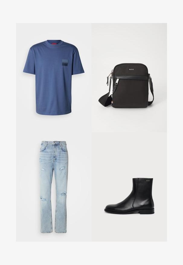Blaues kurzärmliges T-Shirt aus weicher Baumwolle, mit einer quadratischen Tasche und einem dunkelblauen Logo. Klassisches Rundhalsdesign.; Hellblaue Jeans mit legerer Passform, featuring distressed Stellen und fransigen Kanten. Der Stoff hat eine weiche, glatte Textur.; Schwarzer Leder-Knöchelstiefel mit niedrigem Absatz, seitlicher Naht und kleinem "HUGO" Logo am oberen Schaft vor einfarbigem Hintergrund.; Schwarze Umhängetasche aus strukturiertem Stoff, mit Logo auf der Vorderseite, Reißverschluss und verstellbarem Tragegurt. Verfügt über eine glatte Lederbesatz.