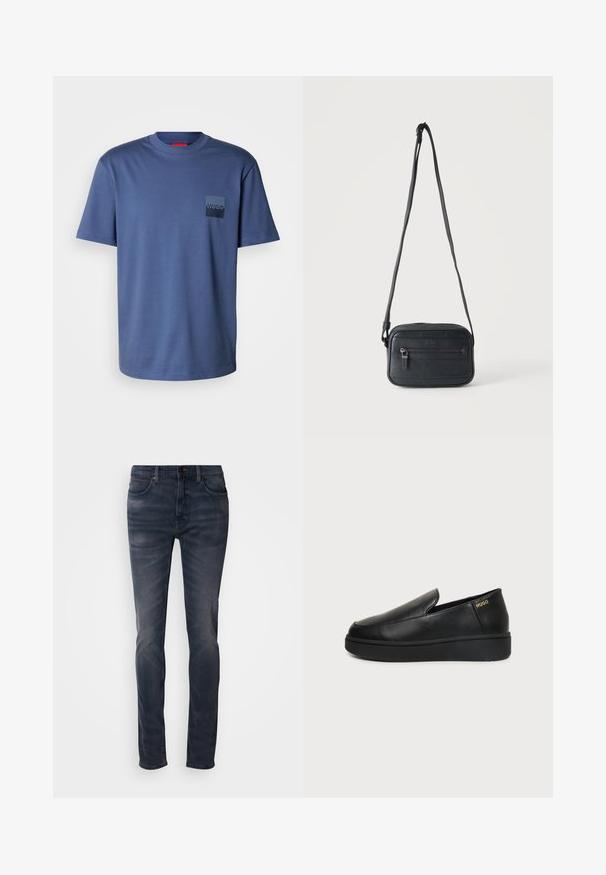 Blaues kurzärmliges T-Shirt aus weicher Baumwolle, mit einer quadratischen Tasche und einem dunkelblauen Logo. Klassisches Rundhalsdesign.; Dunkel gefärbte Jeans mit schmaler Passform, ausgestattet mit einem Knopfverschluss, fünf Taschen und dezenten Verwaschungen. Gerader Beinverlauf mit glatter Textur.; Schwarzer Lederschlupfschuh mit dicker Sohle und kleinen seitlichen Belüftungslöchern, mit goldenem "HUGO"-Logo nahe der Ferse.; Schwarze Umhängetasche mit vorderer Reißverschlusstasche, strukturierter Oberfläche und verstellbarem Riemen, die vor einem schlichten hellen Hintergrund hängt.