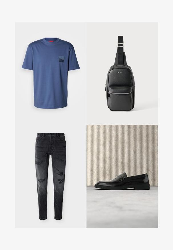 Camiseta de manga corta azul, hecha de suave algodón, con un bolsillo cuadrado que lleva un logo azul oscuro. Diseño clásico de cuello redondo.; Vaqueros ajustados de color negro desgastados, con botón frontal, trabillas para cinturón y parches gastados en los muslos y las rodillas, sobre un fondo blanco.; Zapato loafer de cuero negro pulido flotando sobre una alfombra beige con muebles translúcidos naranjas de fondo.; Bolso bandolera de cuero negro con correa ajustable, bolsillo frontal con cremallera y logotipo "BOSS" sobre superficie lisa y texturizada.