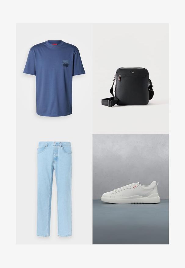 Blaues kurzärmliges T-Shirt aus weicher Baumwolle, mit einer quadratischen Tasche und einem dunkelblauen Logo. Klassisches Rundhalsdesign.; Hellblaue Jeans mit geradem Bein, vorn mit Knopf- und Reißverschluss, Vordertaschen und Gürtelschlaufen, vor einfarbigem Hintergrund gezeigt.; Weiße Sneaker aus glattem Leder, runde Spitze, vier Ösen, dezente Perforationen und ein rotes Logodetail an der Seite.; Schwarze Leder-Umhängetasche mit vorderer Reißverschlusstasche und verstellbarem Riemen auf weißem einfarbigem Hintergrund.