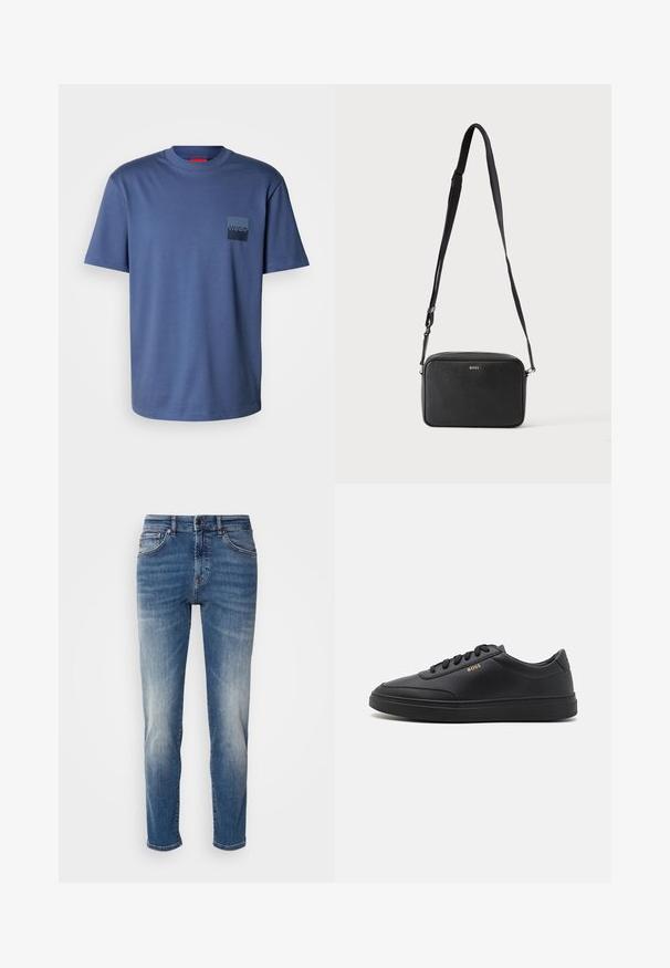 Blauw T-shirt met korte mouwen, gemaakt van zachte katoen, met een vierkante zak en een donkerblauw logo. Klassiek ontwerp met ronde hals.; Blauwe denim jeans met een recht model, lichte vervaging, klassieke vijf-pocketstijl en een ritssluiting met knoopsluiting.; Zwarte leren sneakers met een gladde textuur, ronde neus, platte rubberen zool en tonale veters. Kenmerkt zich door de gouden "BOSS" branding aan de zijkant.; Zwarte rechthoekige crossbodytas met verstelbare band en BOSS-logo aan de voorkant, tegen een effen lichte achtergrond.