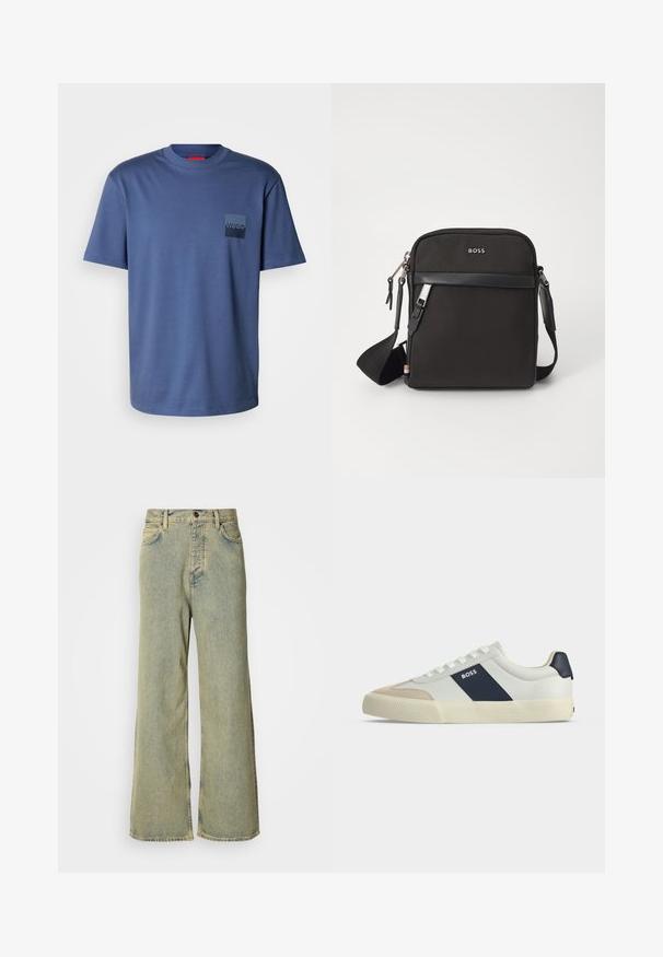 Blaues kurzärmliges T-Shirt aus weicher Baumwolle, mit einer quadratischen Tasche und einem dunkelblauen Logo. Klassisches Rundhalsdesign.; Weite Jeans aus hellblauem Denim, mit hohem Bund, klassischem Five-Pocket-Design und Knopfverschluss vorne.; Weißer Sneaker mit niedrigem Schaft, beiger Zehenkappe, dunkelblauem Seitenstreifen mit dem Schriftzug BOSS, weißen Schnürsenkeln und Gummisohle auf neutralem Hintergrund.; Schwarze Umhängetasche aus strukturiertem Stoff, mit Logo auf der Vorderseite, Reißverschluss und verstellbarem Tragegurt. Verfügt über eine glatte Lederbesatz.