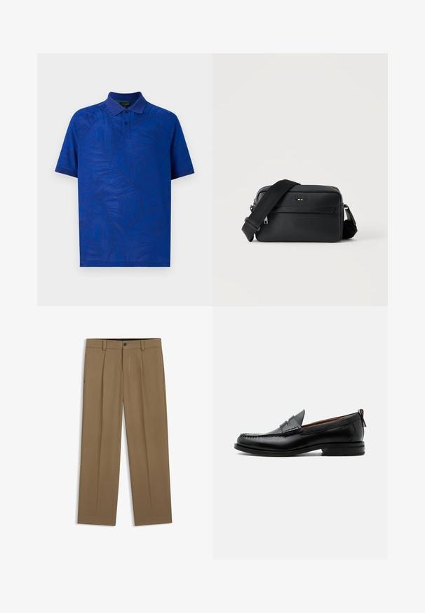 Kortærmet polo t-shirt i livlig blå med et tekstureret palmebladsmønster, med krave og tre-knaps placket. Glat stof.; Brune lige bukser med bæltestropper, forreste knap og lynlås, vist fladt på en hvid baggrund.; Sort læder herre loafer med moc-tå syning, penny strop, struktureret krave og lav stablet hæl på hvid baggrund.; Sort tekstureret læder crossbody taske med front lynlåslomme og justerbar bred stofskulderrem på hvid baggrund.