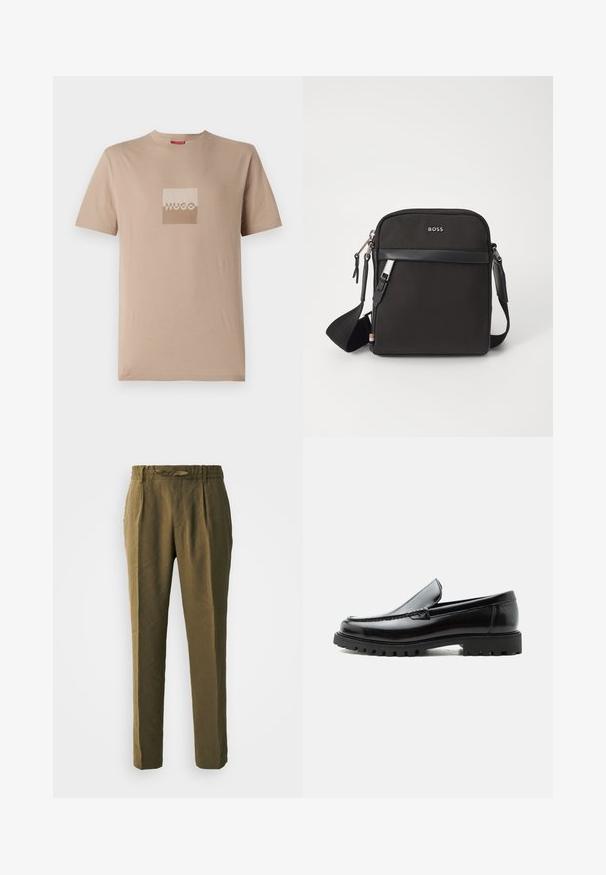 T-shirt beige en coton, avec un logo carré dans des teintes blanches et marron clair. Manches courtes, col rond, coupe standard.; Pantalons vert olive en matériau doux, avec une coupe décontractée, un devant plissé et une taille élastique dotée d'un cordon de serrage assorti.; Mocassin en cuir noir avec semelle en caoutchouc épaisse, dessus cousu et nom de marque embossé sur le talon, présenté de profil sur fond blanc.; Sac bandoulière noir en tissu texturé, avec un logo sur le devant, fermeture éclair et une bandoulière réglable. Finitions en cuir lisse.