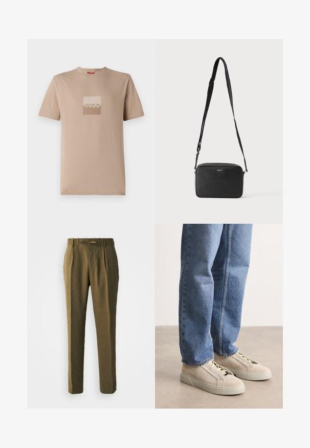 Beige T-Shirt aus Baumwolle, mit einem quadratischen Logo in Weiß und hellbraunen Farbtönen. Kurze Ärmel, Rundhalsausschnitt, normale Passform.; Olivgrüne Hosen aus weichem Material, mit einer lockeren Passform, gefalteter Vorderseite und einem elastischen Bund mit passendem Kordelzug.; BOSS GARYTENN_SDHDEL - Sneaker low - natural ten; Schwarze rechteckige Umhängetasche mit verstellbarem Riemen und BOSS-Logo auf der Vorderseite, vor einem einfarbigen hellen Hintergrund.