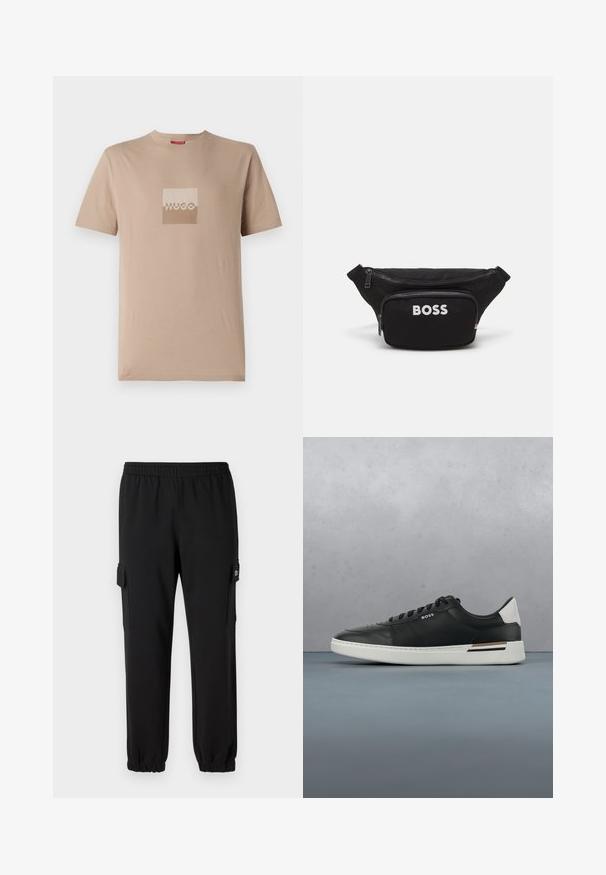 Beige t-shirt gemaakt van katoen, met een vierkant logo in wit en lichtbruine tinten. Korte mouwen, ronde hals, standaard pasvorm.; Zwarte joggingsbroek met een elastische tailleband, taps toelopende boorden en zijcargo zakken. Gemaakt van een zachte stof met een gladde textuur.; Zwarte leren sneaker met witte zool, voorzien van perforaties, vetersluiting, logo aan de zijkant en contrasterend hieldetail in wit en bruin.; Zwarte stoffen heuptas met een voorkant met rits, een groot hoofdcompartiment en een witte "BOSS" logo op de voorkant. Gladde textuur, gestructureerde vorm.