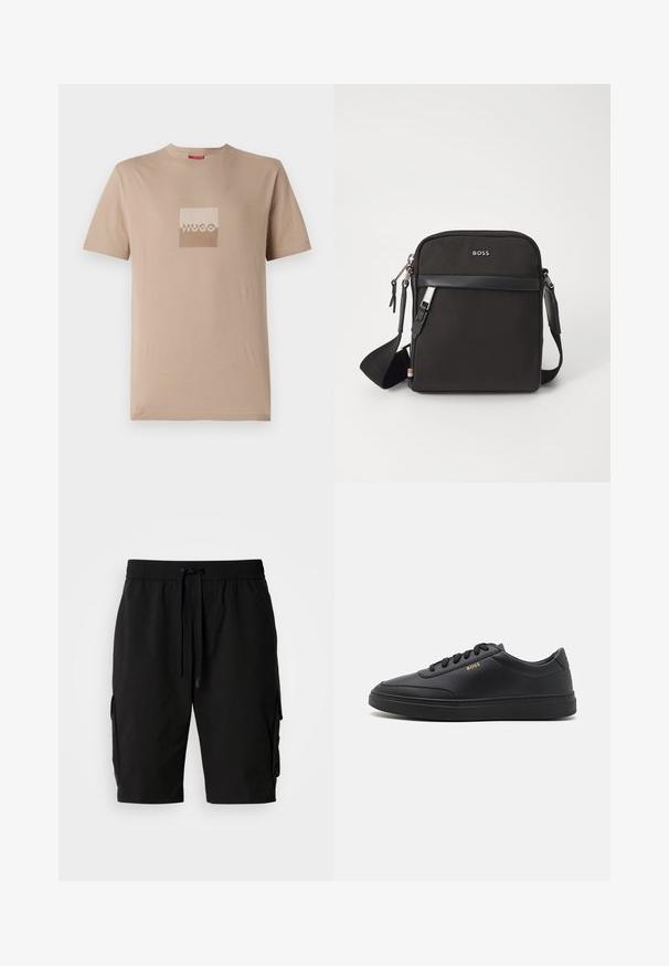 Beige T-Shirt aus Baumwolle, mit einem quadratischen Logo in Weiß und hellbraunen Farbtönen. Kurze Ärmel, Rundhalsausschnitt, normale Passform.; Schwarze Cargo-Shorts aus leichtem Material, mit elastischem Bund, Kordelzug und seitlichen Cargo-Taschen für zusätzlichen Stauraum.; Schwarze Leder-Sneaker mit glatter Textur, runder Zehenpartie, flacher Gummisohle und einfarbigen Schnürsenkeln. Mit goldfarbenem "BOSS" Logo an der Seite.; Schwarze Umhängetasche aus strukturiertem Stoff, mit Logo auf der Vorderseite, Reißverschluss und verstellbarem Tragegurt. Verfügt über eine glatte Lederbesatz.