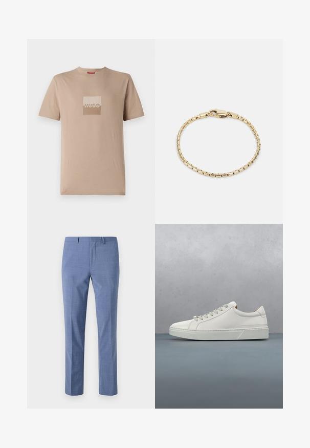 Camiseta beige hecha de algodón, con un logo cuadrado en tonos blancos y marrones claros. Mangas cortas, cuello redondo, corte estándar.; Pantalones de vestir azul claro, corte ajustado, tejido texturizado, parte frontal plana, bolsillos laterales inclinados y una cintura suave con pasadores para cinturón.; Zapatilla blanca de cuero con punta redondeada, diseño minimalista, cordones grises y suela de goma texturizada gris. Detalles de costura sutiles visibles.; Pulsera de metal dorado con un diseño de cadena, que presenta eslabones rectangulares y un cierre de gancho, textura suave y acabado pulido.