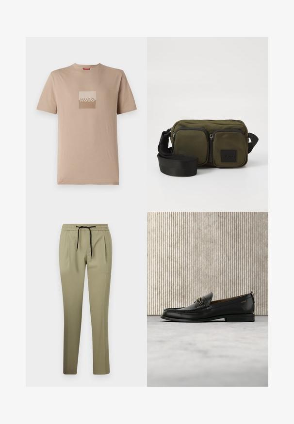 Camiseta beige hecha de algodón, con un logo cuadrado en tonos blancos y marrones claros. Mangas cortas, cuello redondo, corte estándar.; Pantalones caqui de tela suave con un corte relajado, que cuentan con una cinturilla elástica y cordón. Diseño de pierna recta con pliegues laterales.; Mocasín de cuero negro con pieza metálica dorada y logotipo "HUGO", exhibido sobre una alfombra beige y muebles translúcidos marrones.; Bolso cruzado de tela color verde oliva con dos bolsillos frontales con cremallera, correa ajustable negra y parche con el logotipo negro. Forma rectangular con superficie texturada.
