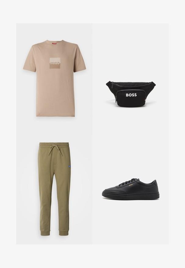 Camiseta beige hecha de algodón, con un logo cuadrado en tonos blancos y marrones claros. Mangas cortas, cuello redondo, corte estándar.; Pantalones de chándal verde olivo con cintura elástica y cordón. Cuenta con bolsillos laterales y puños acanalados. Fabricados con material suave y elástico.; Zapatillas de cuero negro con una textura suave, punta redondeada, suela plana de goma y cordones a tono. Presentan el logotipo dorado "BOSS" en el lateral.; Riñonera de tela negra con un bolsillo frontal con cremallera, un compartimento principal grande y el logotipo blanco "BOSS" en la parte frontal. Textura suave, forma estructurada.