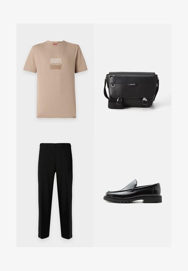 T-shirt beige en coton, avec un logo carré dans des teintes blanches et marron clair. Manches courtes, col rond, coupe standard.; Pantalon noir en tissu lisse, présentant une coupe droite, deux poches avant et une fermeture à glissière avec bouton.; Mocassin en cuir noir avec semelle en caoutchouc épaisse, dessus cousu et nom de marque embossé sur le talon, présenté de profil sur fond blanc.; Sac messager Lacoste noir texturé avec bandoulière ajustable, rabat avant, poche zippée et fermetures à boucle en métal.