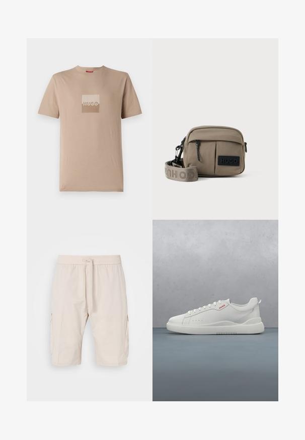 Beige t-shirt gemaakt van katoen, met een vierkant logo in wit en lichtbruine tinten. Korte mouwen, ronde hals, standaard pasvorm.; Beige cargoshorts met een elastische tailleband en trekkoord, voorzien van twee zijzakken en een soepele, lichte stof.; Witte sneaker met een gladde leren afwerking, ronde neus, vier veterogen, subtiele perforaties en een rood logo detail aan de zijkant.; Khaki nylon schoudertas met twee ritszakken aan de voorkant, verstelbare schouderriem en een zwart logo-etiket aan de voorkant. Soepele textuur.