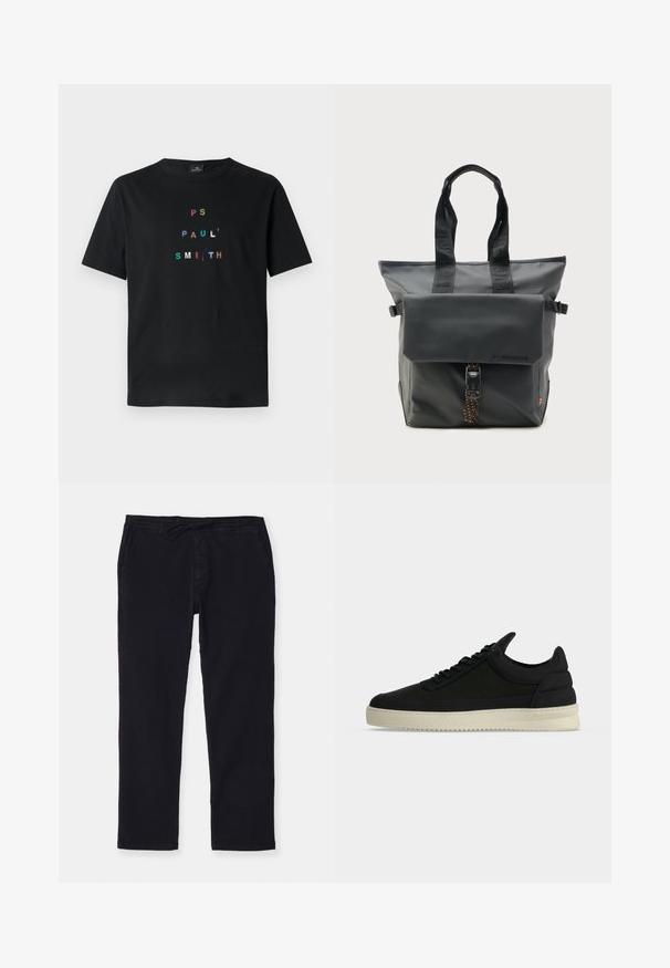Camiseta de algodón negra con el texto bordado en multicolor "PS PAUL' SMITH" dispuesto verticalmente en un diseño tipográfico moderno. Mangas cortas.; Pantalones de algodón negros con diseño de pernera recta, cinturilla elástica y cordón. Presenta bolsillos laterales y una tela suave, ligeramente texturizada.; Zapatilla negra de perfil bajo con cordones negros y una suela gruesa de color blanco roto, mostrada de perfil derecho sobre un fondo liso.; Bolso tote negro con asas superiores, bolsillo frontal con solapa asegurado por una hebilla y correa con puntos naranjas, diseño minimalista sobre fondo liso.