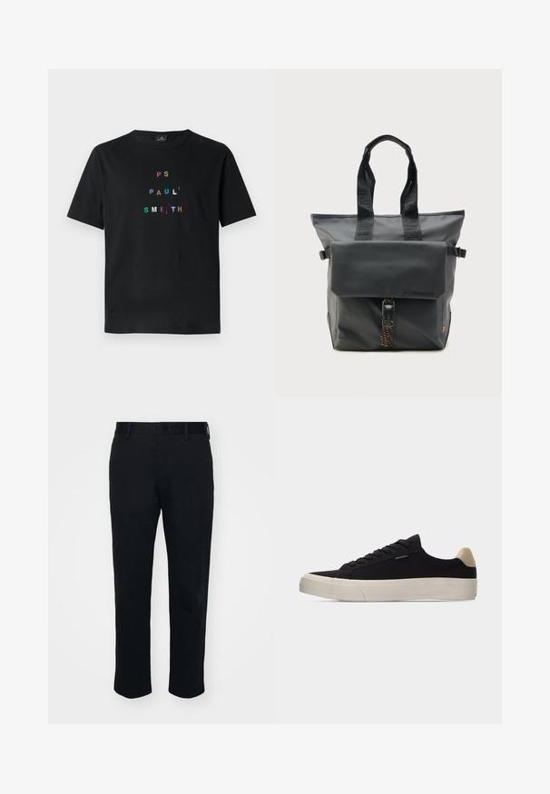 Čierne bavlnené tričko s krátkymi rukávmi, na ktorom je vyšívaný text "PS PAUL' SMITH" v mnohých farbách usporiadaný vertikálne v modernom typografickom dizajne.; Čierne nohavice s rovnými nohavicami, vyrobené z hladkej látky. Obsahujú pás a pútka na opasok, bez viditeľných vreciek alebo vzorov.; Čierna nízka teniska s béžovým pätkovým pásikom, bielou hrubou gumovou podrážkou, čiernymi šnúrkami a malou nášivkou "PS Paul Smith" na boku.; Čierna taška na rukoväte s hornými úchytmi, predným vreckom so záklopkou zabezpečenou prackou a oranžovo bodkovaným pásikom, minimalistický dizajn na jednoliatom pozadí.