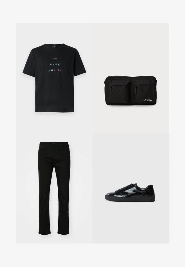 Schwarzes Baumwoll-T-Shirt mit mehrfarbigem, gesticktem Text "PS PAUL' SMITH", der vertikal in einem modernen Typografie-Design angeordnet ist. Kurze Ärmel.; Schwarze Denim-Jeans mit geradem Bein, fünf Taschen und Druckknopfverschluss. Glatte Textur mit dezenten Nähten.; Schwarze Lackledersneaker mit runder Zehenform, Schnürdesign, strukturiertem Gummisohle und glatter Oberfläche.; Schwarze Stofftasche mit zwei vorderen Reißverschlusstaschen, gesticktem Text, rechteckiger Form, strapazierfähiger Textur und unauffälligem Design.