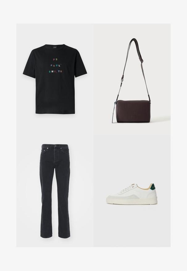 Sort bomulds T-shirt med multikolor, broderet tekst "PS PAUL' SMITH" arrangeret lodret i et moderne typografisk design. Korte ærmer.; Sorte denimjeans med lige ben-design, der har fem lommer og knappelukning. Stoffet har en subtil tekstur og en robust overflade.; Hvide sneakers med ruskindsdetaljer, rund tå, flade snørebånd og en cremet gummisål. Har grøn branding på hælen.; Mørkebrun textured læder crossbody taske med justerbar rem og lille dekorativ blå accent på siden.