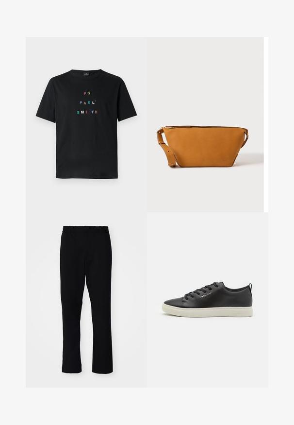 Sort bomulds T-shirt med multikolor, broderet tekst "PS PAUL' SMITH" arrangeret lodret i et moderne typografisk design. Korte ærmer.; Sorte bukser med slim fit. De har en elastisk talje og lige ben, lavet af et glat stof med en mat finish.; Sort læder sneakers med rund tå, kontrastfarvet hvidgummi sål, seks øjelets snørelukning og diskret branding på siden.; Lys brun læder crossbody taske med justerbar rem og lynlås, vist mod en ensartet lys baggrund.
