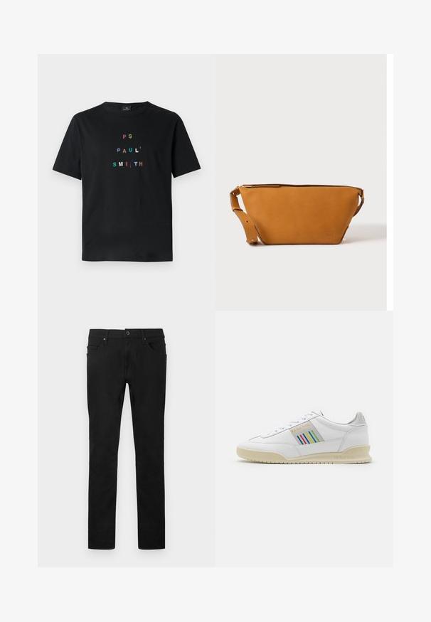 Schwarzes Baumwoll-T-Shirt mit mehrfarbigem, gesticktem Text "PS PAUL' SMITH", der vertikal in einem modernen Typografie-Design angeordnet ist. Kurze Ärmel.; Schwarze Hose mit geradem Bein, Frontknopf und Reißverschluss, Gürtelschlaufen und Fünf-Taschen-Design vor weißem Hintergrund.; Weißes Ledersneaker mit einer cremefarbenen Sohle, mehrfarbigen Streifenakzenten an der Seite und "PS Paul Smith"-Branding in Gold.; Hellbraune Leder-Umhängetasche mit verstellbarem Schulterriemen und Reißverschluss, vor einem schlichten hellen Hintergrund gezeigt.