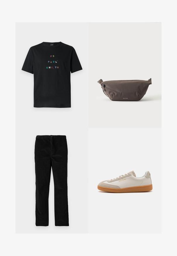 Čierne bavlnené tričko s krátkymi rukávmi, na ktorom je vyšívaný text "PS PAUL' SMITH" v mnohých farbách usporiadaný vertikálne v modernom typografickom dizajne.; Čierne saténové nohavice s rovnými nohavicami, elastickým pásom a predným šnúrkovým zapínaním, vystavené na bielom pozadí.; Biele a béžové nízke tenisky s gumovou podrážkou, bielymi šnúrkami, semišovými detailmi a zlatým logom "Paul Smith" na boku.; Tmavohnedá látková ľadvinka s diagonálnym zipsovým vreckom a malým bielym logom vpredu, na jednofarebnom svetlom pozadí.