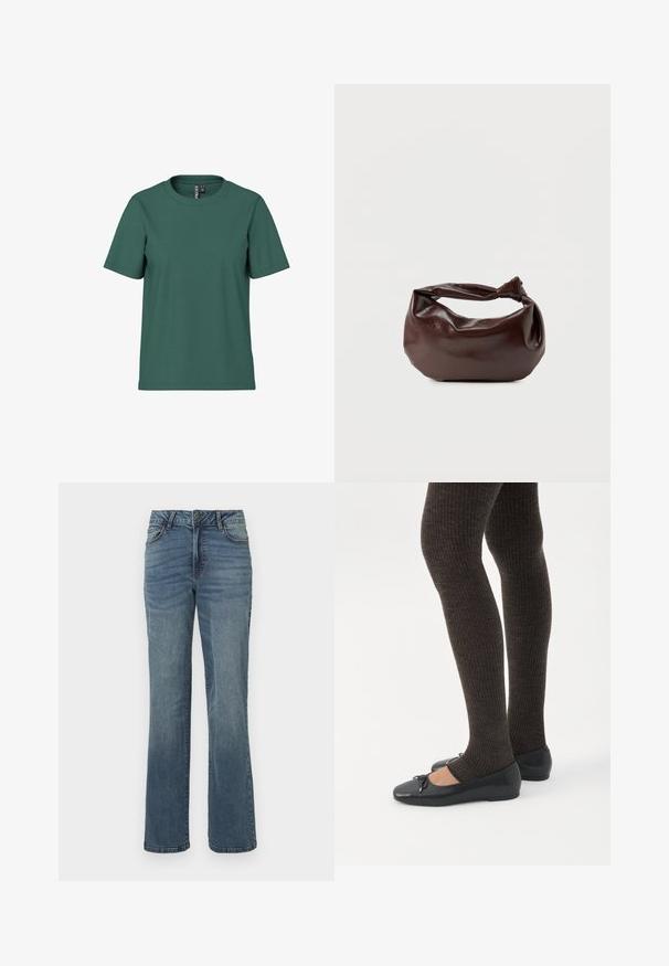 Kurzärmliges T-Shirt aus dunkelgrünem Baumwollstoff mit Rundhalsausschnitt. Schlichtes, ungeschmücktes Design und lockere Passform. Weiche Textur, keine Muster.; Blaue gerade geschnittene Denim-Jeans mit vorderem Knopf- und Reißverschluss, vorderen und hinteren Taschen sowie dezenten verblassten Details.; Beine in dunklen, gerippten Leggings kombiniert mit schwarzen Ballerinas mit kleinen Schleifendetails auf weißem Hintergrund.; Dunkelbraune Lederschultertasche mit weicher, lockerer Form und einem gedrehten Knotengriff vor schlichtem weißem Hintergrund.