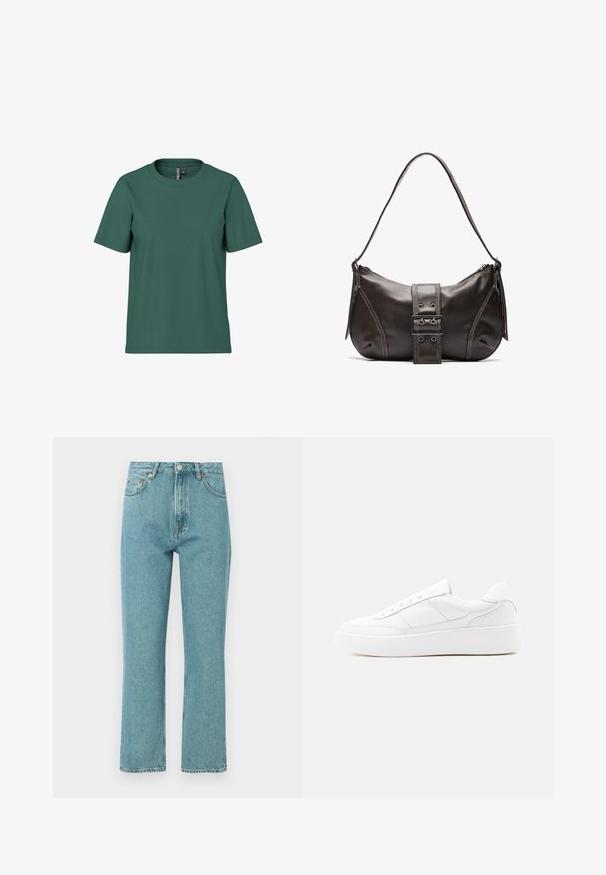 Korte mouwen t-shirt in donkergroene katoen met een ronde hals. Eenvoudig, onopvallend ontwerp en een ontspannen pasvorm. Zachte textuur, geen patronen.; Lichtblauwe, high-waisted jeans met een rechte pijpdesign. Gemaakt van denim, met voorzakken en een knoopsluiting.; Witte lage sneaker met dikke zool, veterontwerp en subtiele stikselaccenten op een effen lichte achtergrond.; Bruine leren schoudertas met een gebogen vorm, voorzien van een opvallende gespdetail, contrasterende stiksels en een enkele schouderband.