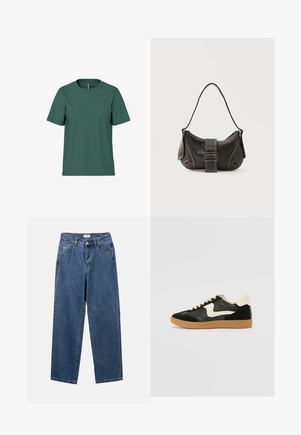 Kurzärmliges T-Shirt aus dunkelgrünem Baumwollstoff mit Rundhalsausschnitt. Schlichtes, ungeschmücktes Design und lockere Passform. Weiche Textur, keine Muster.; Klassische blaue Denim-Jeans mit geradem Bein, fünf Taschen und Knopfverschluss. Sie verfügen über eine mittelblau gewaschene Optik und sind aus robuster Textur.; Schwarze Wildleder- und Leder-Sneaker mit einem cremefarbenen Seiten-Swoosh und einer hellcremefarbenen Ferse. Ausgestattet mit beige Schnürsenkeln und einer Gummilaufsohle.; Schwarze Leder-Schultertasche mit Schnallengurt-Detail, abgerundeten Kanten und kontrastierenden weißen Nähten auf schlichtem Hintergrund.