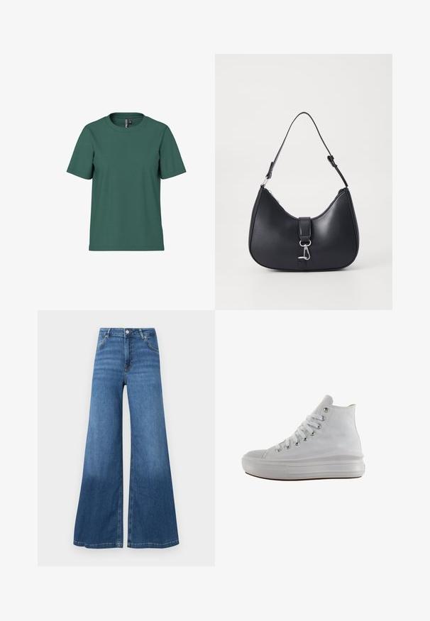 Kortærmet t-shirt i mørkegrøn bomuld med rund hals. Enkelt, udekoreret design og afslappet pasform. Blød tekstur, ingen mønstre.; Bredde bukser i blå denim med høj talje, forlommer og en ren søm. Ingen synlige mønstre eller pyntegeler.; Hvid højt canvas sneaksko med hvide snørebånd, metaløjer, tyk gummisål og tekstureret tåhætte, vendt mod venstre på en hvid baggrund.; Pieces PCLIKA SHOULDER BAG - Håndtasker - black