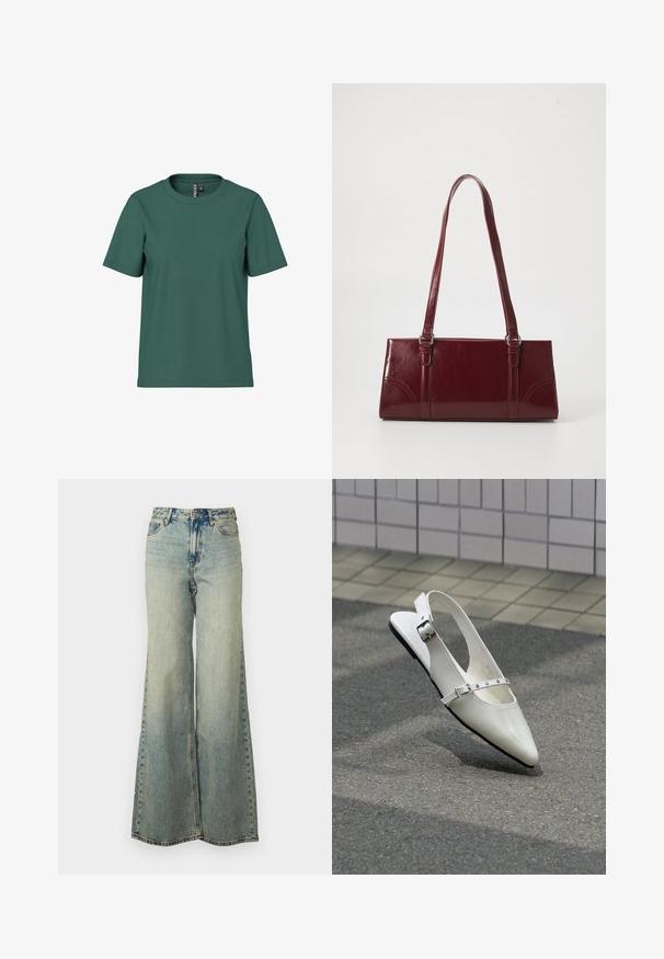 Kortærmet t-shirt i mørkegrøn bomuld med rund hals. Enkelt, udekoreret design og afslappet pasform. Blød tekstur, ingen mønstre.; Lyseblå vide jeans lavet af denim, med høj talje, bleget vask og sidelommer med synlige stikninger.; Hvid spids slingback flad sko med to sølvspænder, vist udendørs på tekstureret underlag og flisebelagt væg baggrund.; Bordeaux håndtaske lavet af glansfuldt materiale, rektangulær form, med to skulderremme og subtile buede detaljer på forsiden.