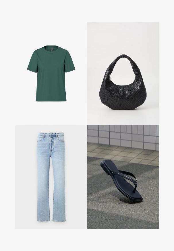 Korte mouwen t-shirt in donkergroene katoen met een ronde hals. Eenvoudig, onopvallend ontwerp en een ontspannen pasvorm. Zachte textuur, geen patronen.; Lichtblauwe denim jeans met een rechte pijp, voorzien van een hoge taille, klassiek vijf-pocket ontwerp en subtiele vervaging.; Zwarte teenslipper met met studs bezette bandjes, hangend boven asfalt nabij de betegelde muurhoek.; Zwarte geweven handtas met een gebogen handvat, met een gestructureerd oppervlak en een slouchy vorm. Gladde afwerking met een organische silhouette.