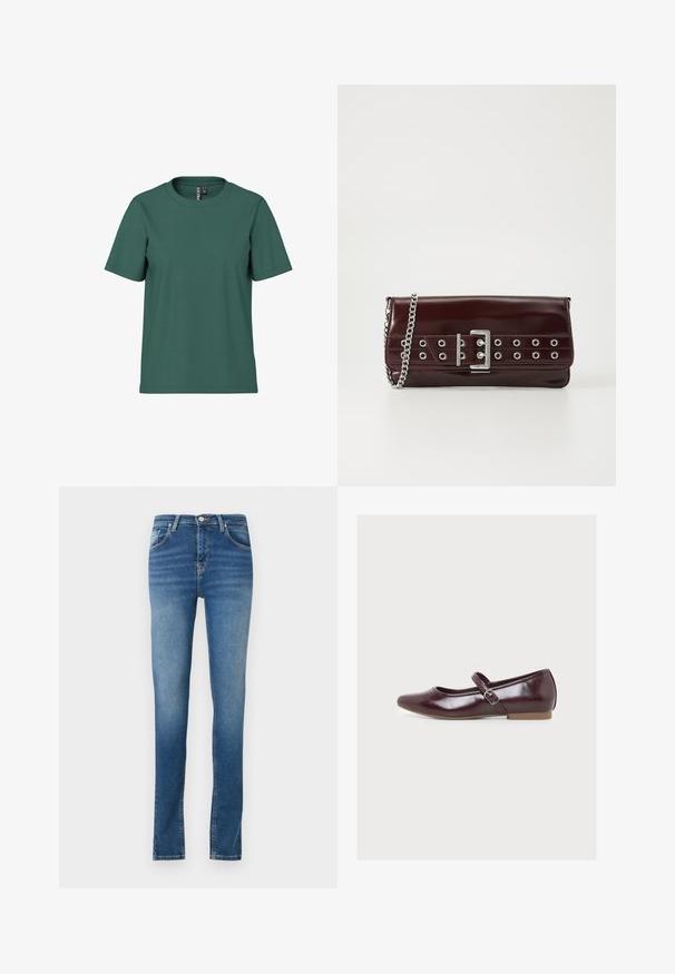 Kortærmet t-shirt i mørkegrøn bomuld med rund hals. Enkelt, udekoreret design og afslappet pasform. Blød tekstur, ingen mønstre.; Fadede blå denim jeans med lige pasform. Har en knap- og lynlåslukning, fem lommer og minimale syninger.; Skinnende mørkerød Mary Jane flad sko med en sidelåsrem og lav lys sål, vist fra venstre side mod en hvid baggrund.; Bordeaux farvet faux læder clutch med en sølv kædestrop, der har et spænde design og metaløjer over fronten for ekstra detaljer.