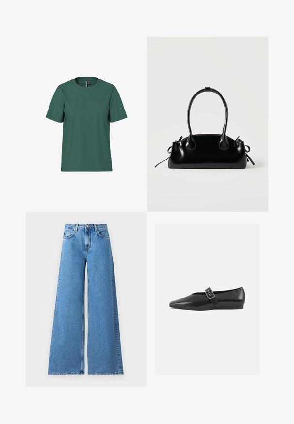 Kurzärmliges T-Shirt aus dunkelgrünem Baumwollstoff mit Rundhalsausschnitt. Schlichtes, ungeschmücktes Design und lockere Passform. Weiche Textur, keine Muster.; Weite, blaue Jeans mit hohem Bund, ausgestattet mit einem klassischen Fünf-Taschen-Design und Nähten an den Seiten für zusätzliche Details.; Schwarze Lederflachschuhe mit spitzem Zehenbereich, ausgestattet mit einem metallischen Riemen über dem Spann und einer niedrigen, flexiblen Sohle.; Kleine schwarze glänzende Handtasche mit zwei langen Griffen und seitlichen Kordelzug-Details vor einfachem hellem Hintergrund.