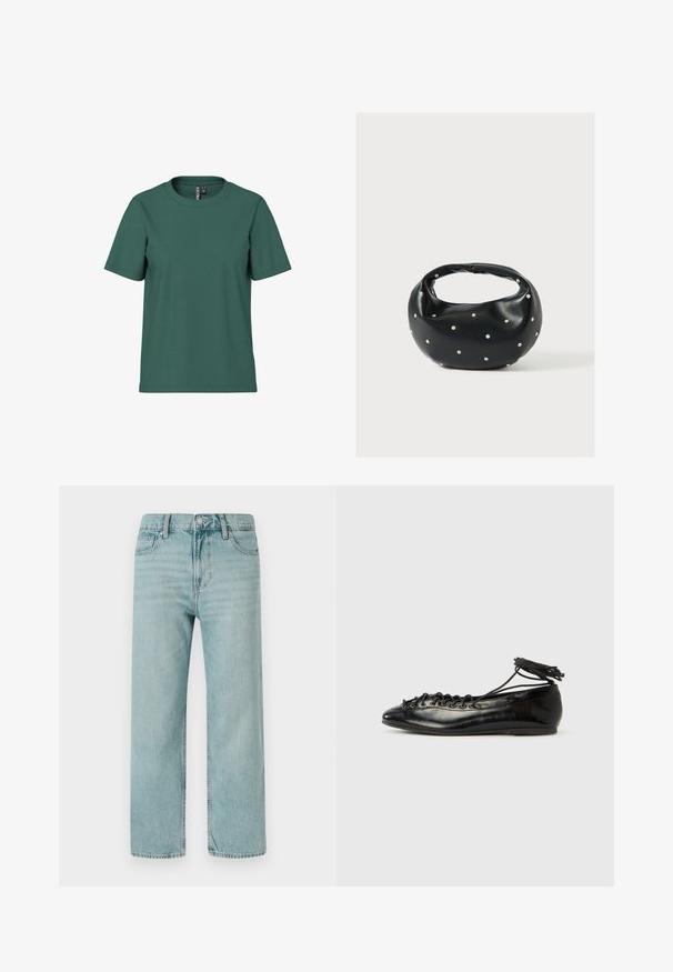 Kortærmet t-shirt i mørkegrøn bomuld med rund hals. Enkelt, udekoreret design og afslappet pasform. Blød tekstur, ingen mønstre.; Lyseblå brede jeans lavet af denim, der har et klassisk fem-lomme design, rene linjer og et almindeligt taljebånd med knaplukning.; Sorte balletflade sko i laklæder med rundet tå, snørelukning og flad sål. Glat tekstur med få detaljer.; Sort læderhåndtaske med en rundet form, dekoreret med sølvnitter, og et kort håndtag. Glat tekstur og lynlåslukning.