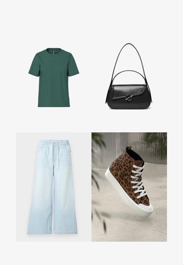Kurzärmliges T-Shirt aus dunkelgrünem Baumwollstoff mit Rundhalsausschnitt. Schlichtes, ungeschmücktes Design und lockere Passform. Weiche Textur, keine Muster.; Hellblaue Jeans mit weitem Bein, elastischem Bund und weißem Kordelzug, mit Vordertaschen und dezentem Verblassen.; Leopardenmuster High-Top-Sneaker in Braun und Schwarz, mit weißen Schnürsenkeln und einer strukturierten Gummisohle. Akzentuiert mit einem Rückenzug.; Schwarze Lederschultertasche mit einer geschwungenen Klappe, die durch einen runden Metallverschluss gesichert ist, und einem schlanken, verstellbaren Riemen.