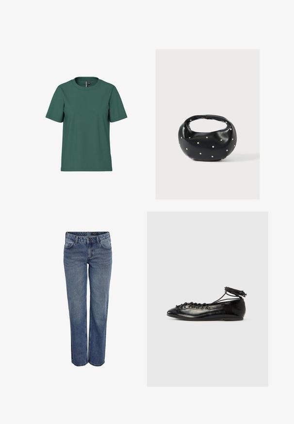 Kurzärmliges T-Shirt aus dunkelgrünem Baumwollstoff mit Rundhalsausschnitt. Schlichtes, ungeschmücktes Design und lockere Passform. Weiche Textur, keine Muster.; Blaue Jeans aus Denim mit geradem Schnitt, klassischem Fünf-Taschen-Design, dezenten Nähten und einem Knopfverschluss.; Schwarze Ballerinas aus Lackleder mit runder Spitze, Schnürdesign und flacher Sohle. Glatte Textur mit minimaler Verzierung.; Schwarze Lederhandtasche mit abgerundeter Form, verziert mit silbernen Nietenakzenten und kurzem Griff. Glatte Struktur und Reißverschlussverschluss.