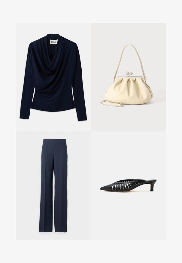 Haut à manches longues bleu marine avec un col drapé, fabriqué en tissu doux. Présente une silhouette ajustée et un design minimaliste. Étiquette de marque visible.; Pantalon large bleu marine à taille haute avec un devant épuré, présenté sur un fond gris clair uni.; Mule en cuir noir avec bout pointu, design découpé à brides et petit talon kitten sur fond blanc.; Sac à main en cuir souple couleur crème avec un design froncé, fermoir cadre argenté, poignée courte et bandoulière chaîne amovible.