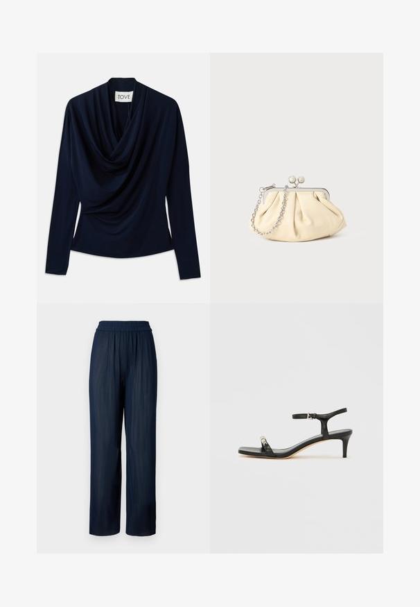 Haut à manches longues bleu marine avec un col drapé, fabriqué en tissu doux. Présente une silhouette ajustée et un design minimaliste. Étiquette de marque visible.; Pantalons large en navy fabriqués en tissu plissé, avec une taille élastique et une texture douce, conçus pour le confort et la liberté de mouvement.; Sandale noire en cuir à talon avec bride à la cheville, bout ouvert, devant carré et accent en métal argenté. Design ajusté avec un profil élégant.; Pochette en cuir beige plissé avec un cadre en métal argenté, dotée de deux fermoirs ronds décoratifs et d'une chaîne en argent.