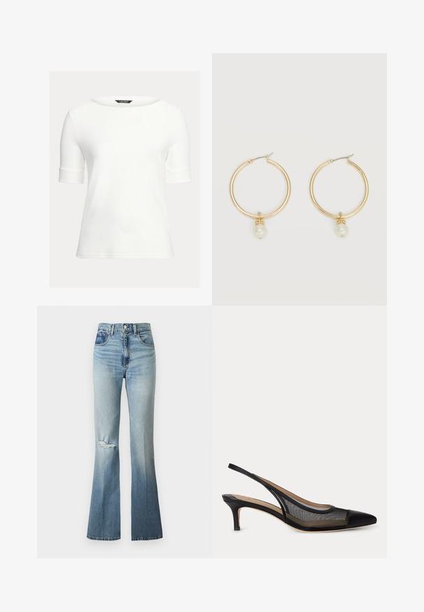 Weißes tailliertes Oberteil mit einem Bootsausschnitt, kurzen, umgeschlagenen Ärmeln und einem glatten, weichen Stoff. Einfaches Design ohne Muster oder Verzierungen.; Hellblaue Denim-Jeans mit hoher Taille, leichtem Ausbleichen, Destroyed-Einsatz am linken Knie und ausgestellten Beinen.; Schwarzer Slingback-Kitten-Heel-Schuh mit spitzer Zehenpartie und transparenten Mesh-Seiten, beigem Innenfutter und dünnem Riemen hinten.; Goldene Creolen, jeweils mit einer einzelnen herabhängenden weißen Perle und kleinen Strasssteindetails vor hellem Hintergrund.
