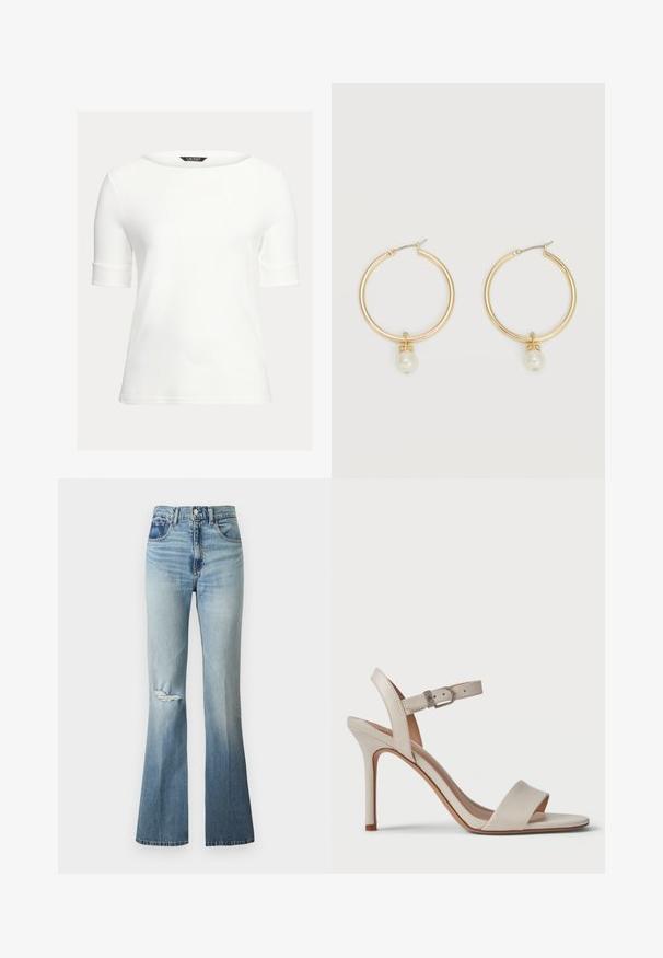 Hvid tætsiddende top med bådudskæring, korte opsmøgede ærmer og et glat, blødt stof. Simpelt design uden mønstre eller udsmykninger.; Lyseblå high-waist denim jeans med let falming, sliddetalje på venstre knæ og udvidede ben.; Beige højhælede sandaler med en glat læderfinish, åben tå, bred frontrem og en justerbar ankelrem med metalspænde.; Guld hoops øreringe, hver med en enkelt hængende hvid perle og små rhinsten detaljer på en lys baggrund.