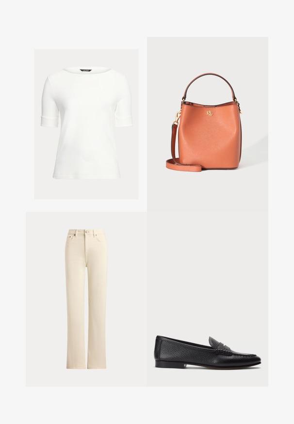 Hvid tætsiddende top med bådudskæring, korte opsmøgede ærmer og et glat, blødt stof. Simpelt design uden mønstre eller udsmykninger.; Jeans i cremefarvet straight-leg med knaplukning foran og fem-lomme-styling på en ensfarvet baggrund.; Sorte læder loafers med struktureret finish, der har en dekorativ rem og flad hæl. Slank, minimalistisk design med rund tå.; Brun læder bucket taske med topgreb, aftagelig skulderrem og lille gyldent RL-logo foran i midten.
