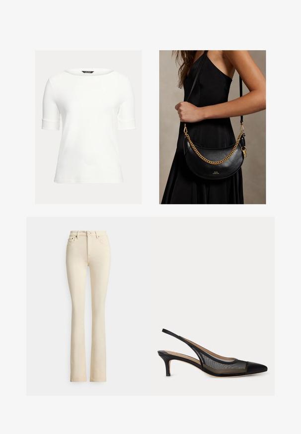 Weißes tailliertes Oberteil mit einem Bootsausschnitt, kurzen, umgeschlagenen Ärmeln und einem glatten, weichen Stoff. Einfaches Design ohne Muster oder Verzierungen.; Beige Jeans mit ausgestelltem Bein und hoher Taille, zwei vorderen Taschen und Knopfverschluss. Glatte Textur und minimale Nähte.; Schwarzer Slingback-Kitten-Heel-Schuh mit spitzer Zehenpartie und transparenten Mesh-Seiten, beigem Innenfutter und dünnem Riemen hinten.; Frau in schwarzem Kleid hält eine schwarze halbmondförmige Ledertasche mit goldener Kette und Riemen über der Schulter.