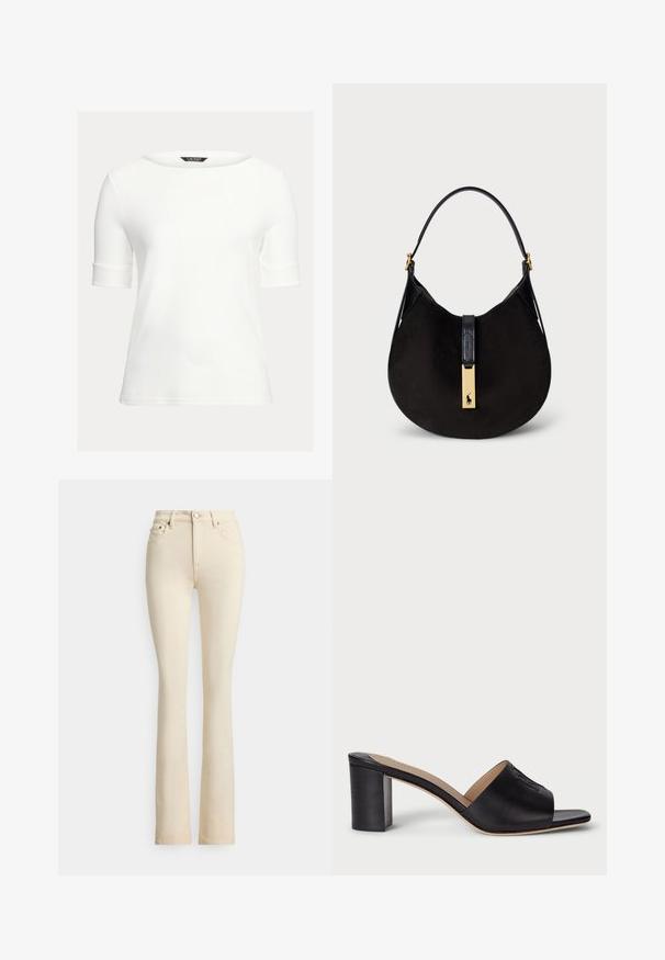 Weißes tailliertes Oberteil mit einem Bootsausschnitt, kurzen, umgeschlagenen Ärmeln und einem glatten, weichen Stoff. Einfaches Design ohne Muster oder Verzierungen.; Beige Jeans mit ausgestelltem Bein und hoher Taille, zwei vorderen Taschen und Knopfverschluss. Glatte Textur und minimale Nähte.; Schwarze Leder-Sandalen mit blockiertem Absatz, offenem Zeh und geprägtem Logo-Detail. Glatte Oberfläche mit einem strukturierten Design für Stabilität.; Schwarze Wildleder-Schultertasche mit einer geschwungenen Form, einem glatten schwarzen Ledertrageriemen und einem goldfarbenen Hardware-Akzent mit einem Logodetail.
