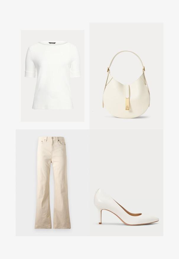 Haut ajusté blanc avec un col bateau, des manches courtes à revers et un tissu lisse et doux. Design simple sans motifs ni embellissements.; Pantalon beige taille haute à jambes droites, avec bouton et fermeture éclair à l'avant, poches avant et arrière, présenté sur fond uni.; Escarpin en cuir verni blanc à talon haut avec un bout pointu et un décolleté bas, présentant une texture lisse et un talon fin de 7,5 centimètres.; Sac à main en cuir couleur crème avec une anse supérieure incurvée unique et un fermoir rectangulaire doré à l'avant.