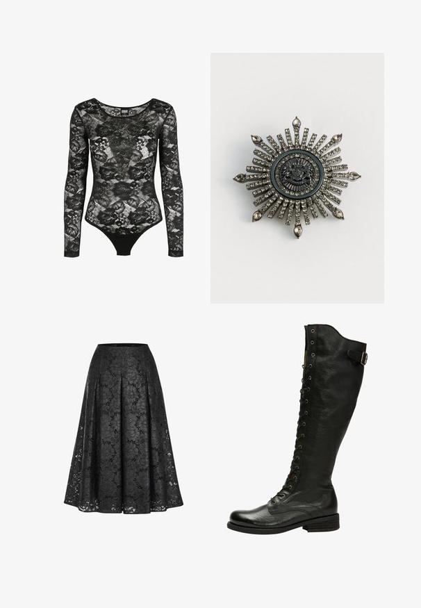 Body en dentelle noire à manches longues avec motif floral, encolure dégagée et silhouette ajustée, conçu par Urban Classics.; Jupe en dentelle noire avec un design plissé, motif floral et coupe mi-longue. Le tissu présente une apparence délicate et texturée.; Botte en cuir noir hauteur genou avec un laçage à l'avant, œillets en métal argenté et boucle sur le côté. Présente une finition texturée et un talon empilé.; Broche en forme d'étoile en métal argenté avec des strass clairs. Le design central présente un emblème circulaire avec des détails délicats.