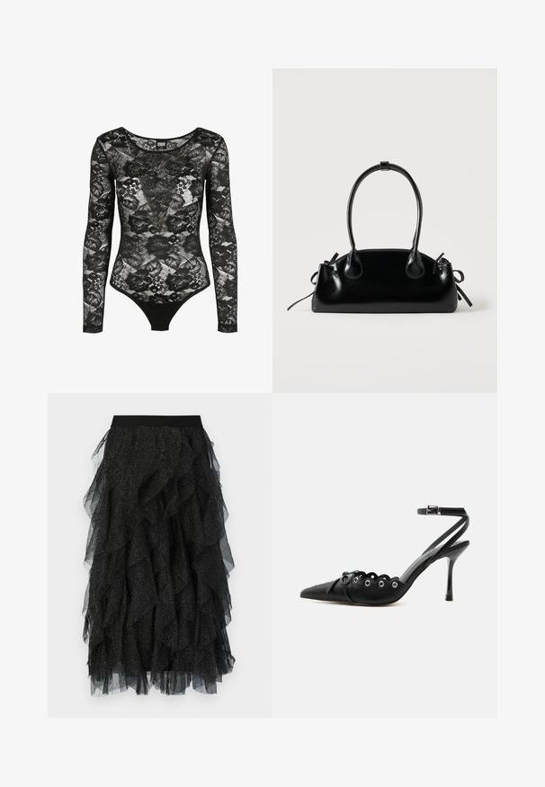 Body en dentelle noire à manches longues avec motif floral, encolure dégagée et silhouette ajustée, conçu par Urban Classics.; Jupe en tulle noir avec des volants superposés, une large ceinture élastique et des accents de points argentés dispersés sur le tissu.; Chaussure à talon haut noire à bout pointu, bords festonnés, œillets métalliques, lacets à l'avant et bride de cheville avec fermeture à boucle.; Petit sac à main noir brillant avec deux longues anses et des détails à cordon sur les côtés sur un fond clair uni.