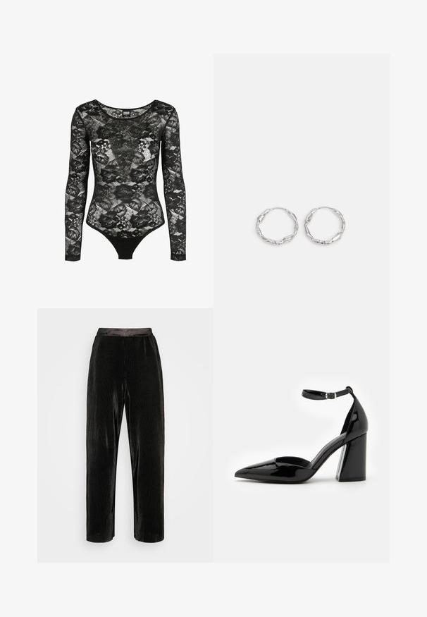 Čierne čipkované body s dlhým rukávom, kvetinovým vzorom, výstrihom do široka a priliehavým strihom, navrhnuté Urban Classics.; Vero Moda VMAVI PLISSE PANT - Nohavice - black; Čierna lakovaná kožená topánka na vysokom podpätku s ostrou špičkou, členkovým remienkom a širokým blokovým podpätkom pre stabilitu, ktorý má hladkú lesklú štruktúru.; Strieborné kruhové náušnice s vlnitou, nepravidelnou textúrou. Majú tenký, kruhový tvar a reflektujúci povrch.