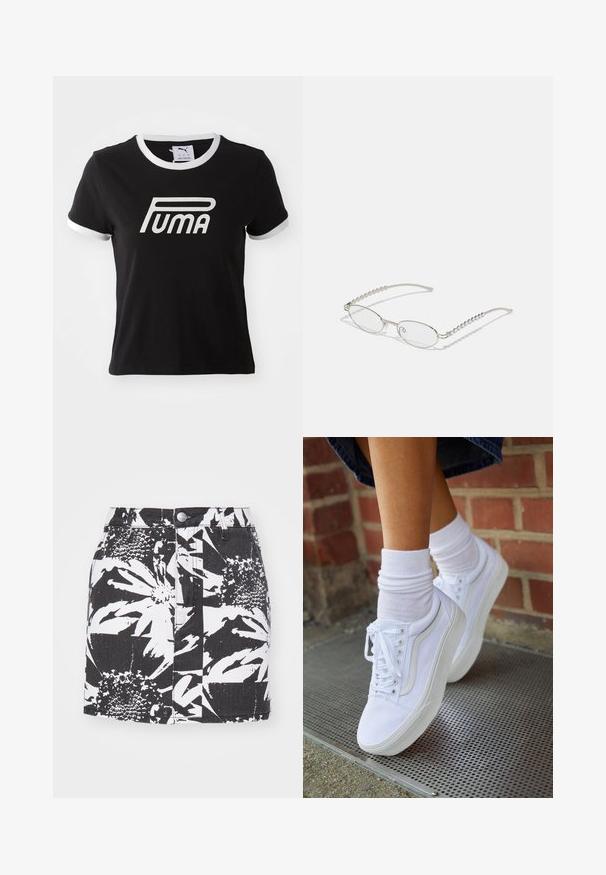 T-shirt en coton noir avec un bord blanc au col et aux manches. Présente un grand logo Puma blanc à l'avant. Design à coupe classique.; Jupe en denim noir avec un imprimé floral blanc audacieux, une forme structurée, une fermeture à boutons à l'avant, et un tissu texturé avec des coutures visibles.; Baskets en toile blanches avec semelles en caoutchouc, dotées de six œillets, d'un bout rond et de détails de couture légers, portées avec des chaussettes blanches mi-mollet.; Lunettes ovales avec une monture métallique argentée, verres transparents et accents de branches texturées avec perles. Design léger avec des branches courbées.